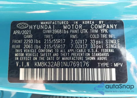 2022 Hyundai Kona Sel z USA, uszkodzony, nr VIN KM8K32AB1NU769176